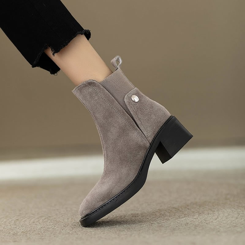 Women'S Shoes Trending 2025 - スエードレディースチャンキーアンクルブーツファッションハイヒールシューズニュートレンドパンプス2025冬ゴシックカジュアル快適ヒール付きチェルシーショートブーツ