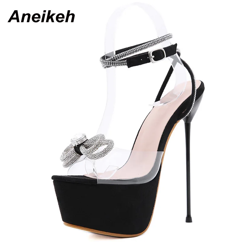 Women'S Shoes Size 12 - Aneikeh 新しい夏の女性のバタフライノットボーダーブリンブリンクリスタルパッチワークスティレットヒールサンダル靴 Zapatos デ Mujer