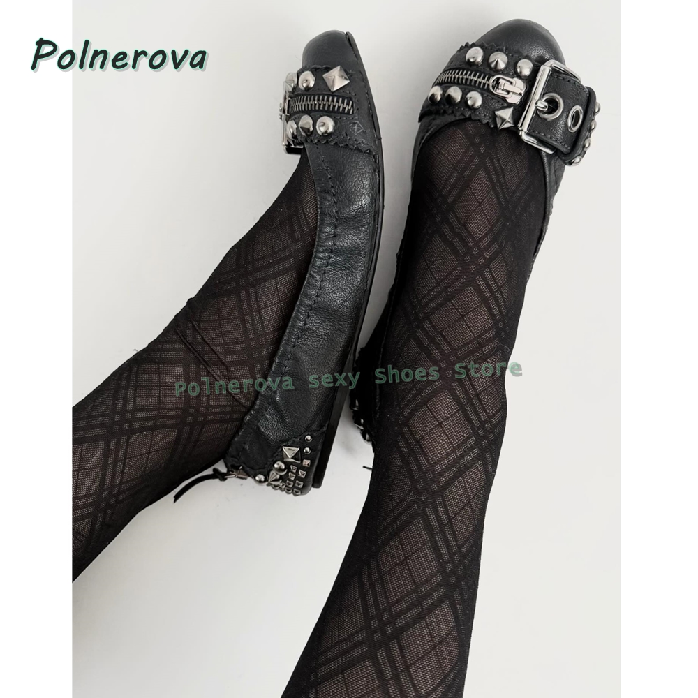 Shoes Women Pumps - リベットベルトバックル付きメリージェーンシューズ、ポインテッドトゥ、浅いジッパー装飾、レディースファッションパンプス、2026年春夏シューズ
