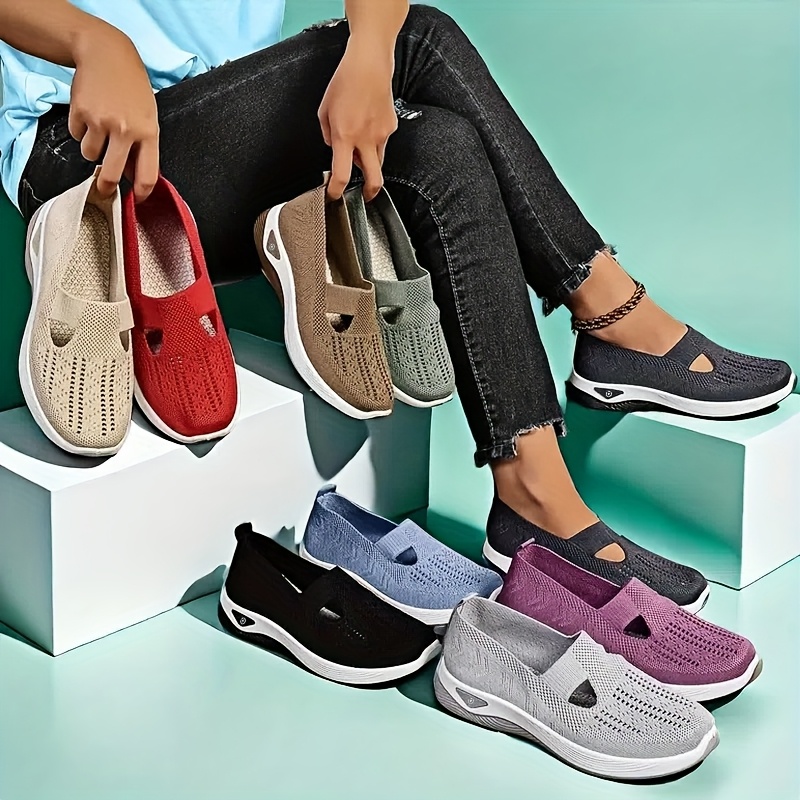 Women'S Shoes With Arch Support - レディース春夏ニットスリッポンスニーカー通気性メッシュカジュアルシューズアーチサポート付き洗濯機洗い可能マルチカラー