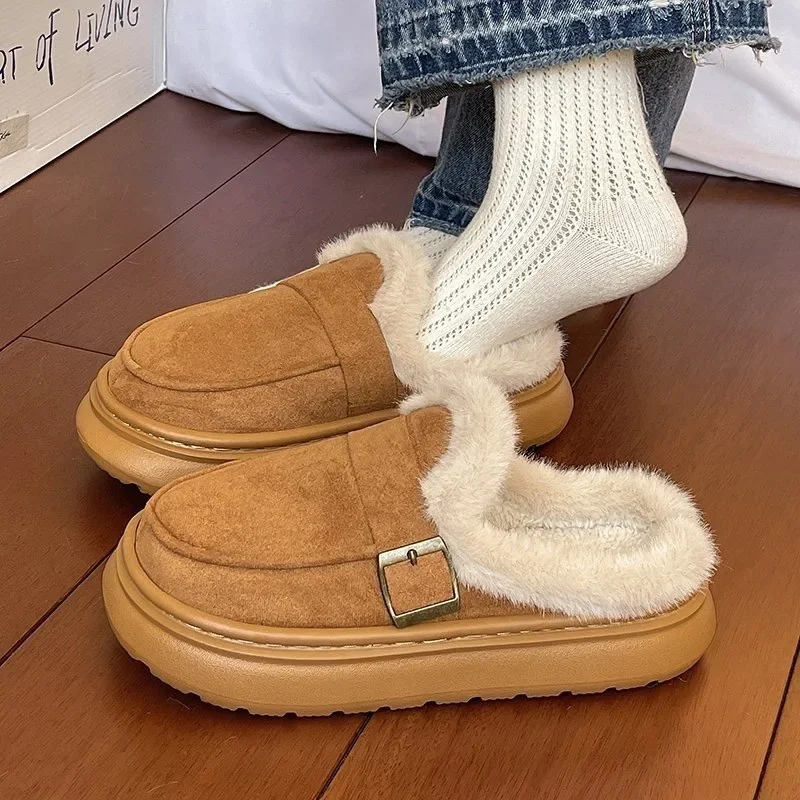 Women Shoes Japanese Brand - おしゃれなカジュアルなレディースルームスリッパ、冬用のふわふわ素材のコットンスリッパ、高級ブランドのデザイナーズコットンブーツ、毛皮のような暖かさのフラットシューズ。
