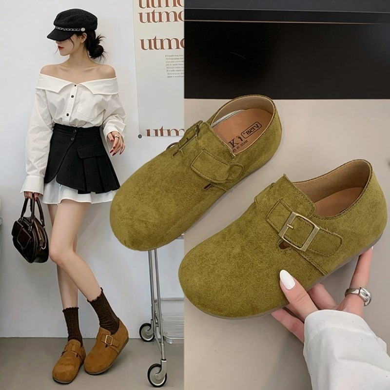 Women'S Shoes Everyday - レディース スエード クローズドバック ビルケンシューズ スクエアメタルバックル ラウンドトゥ