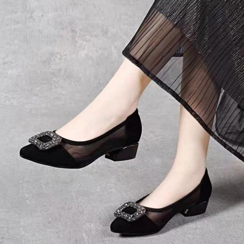エレガントなポインテッドトゥメッシュブロックヒールパンプス、 - Shoes Women Pumps のレビューと価格